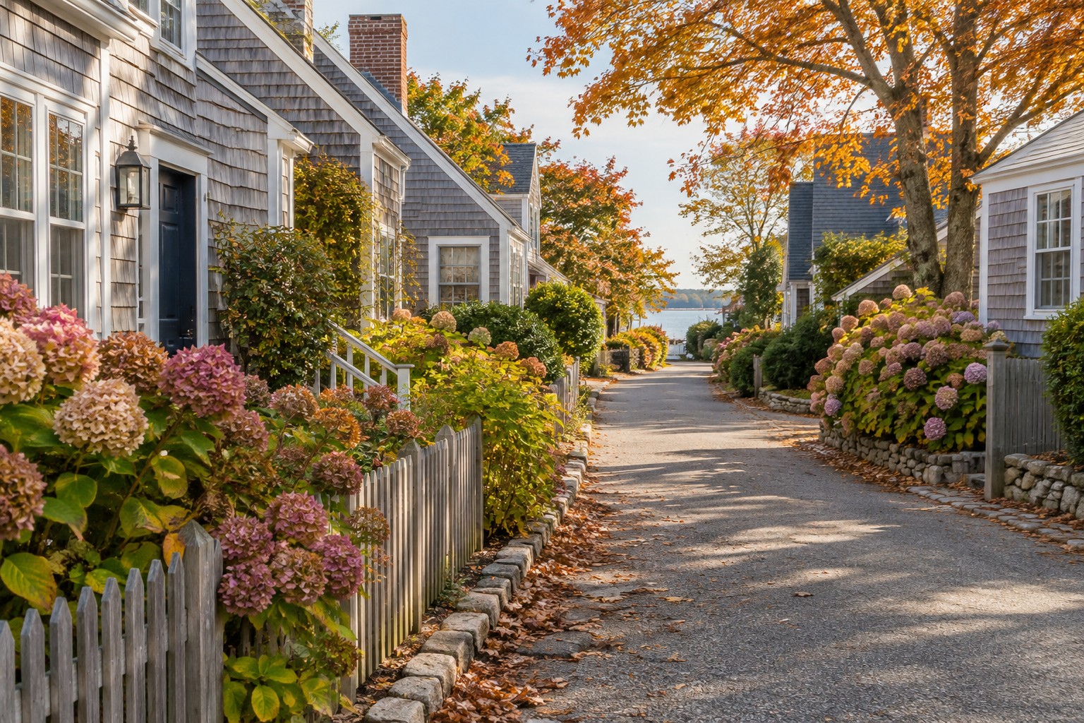 A quiet Cape Cod lane with cedar shake cottages and hydrangeas, illustrative