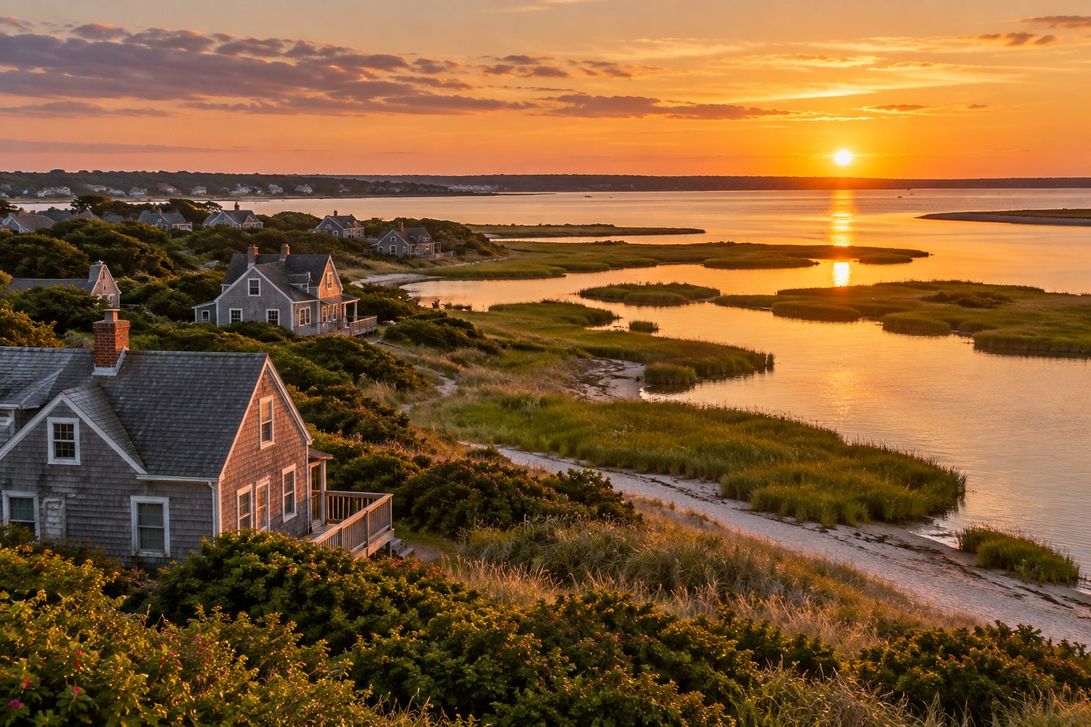 Cape Cod coastal marsh with shingled cottages at golden hour, illustrative