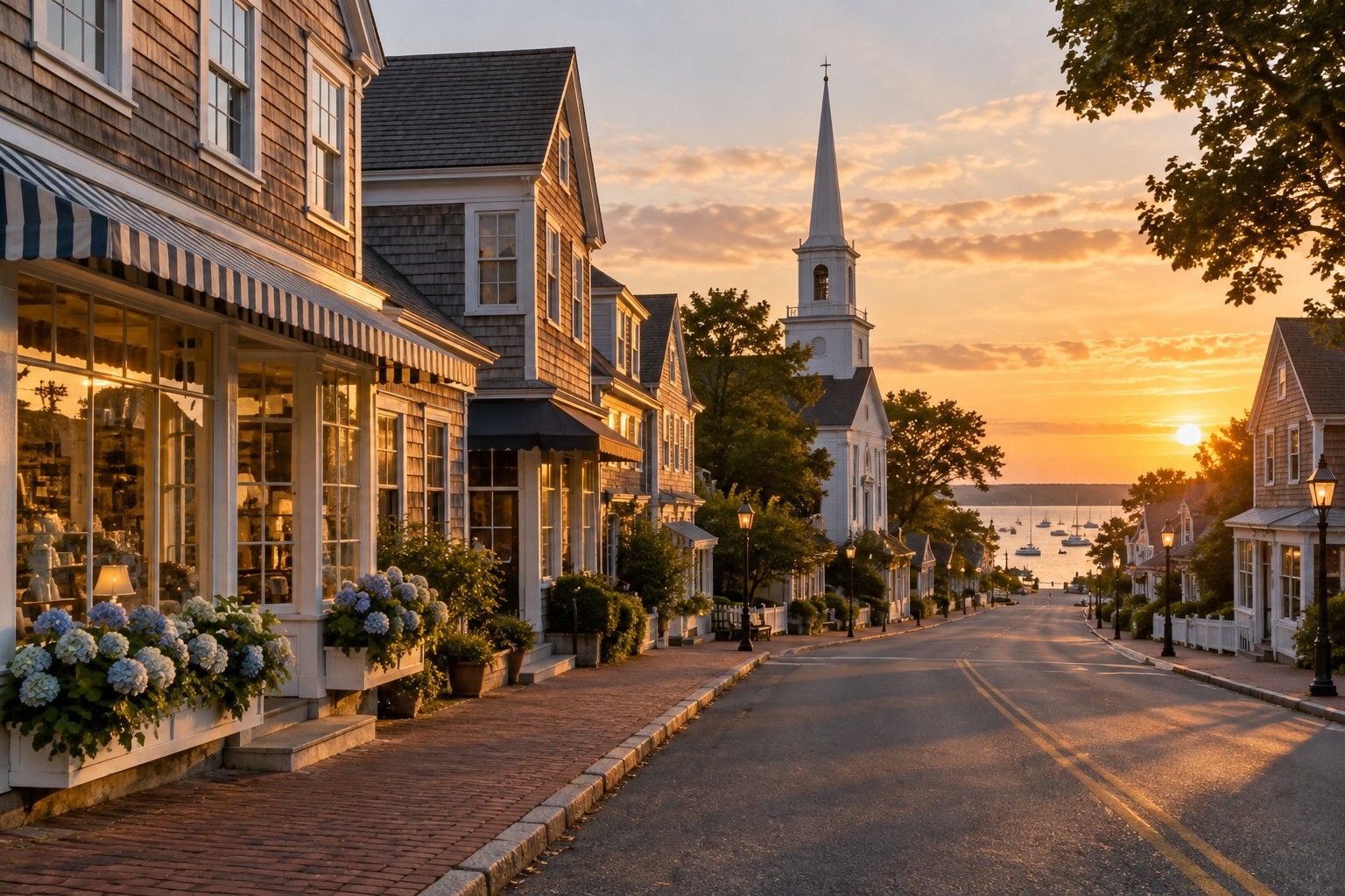 A small Cape Cod village Main Street at golden hour, illustrative
