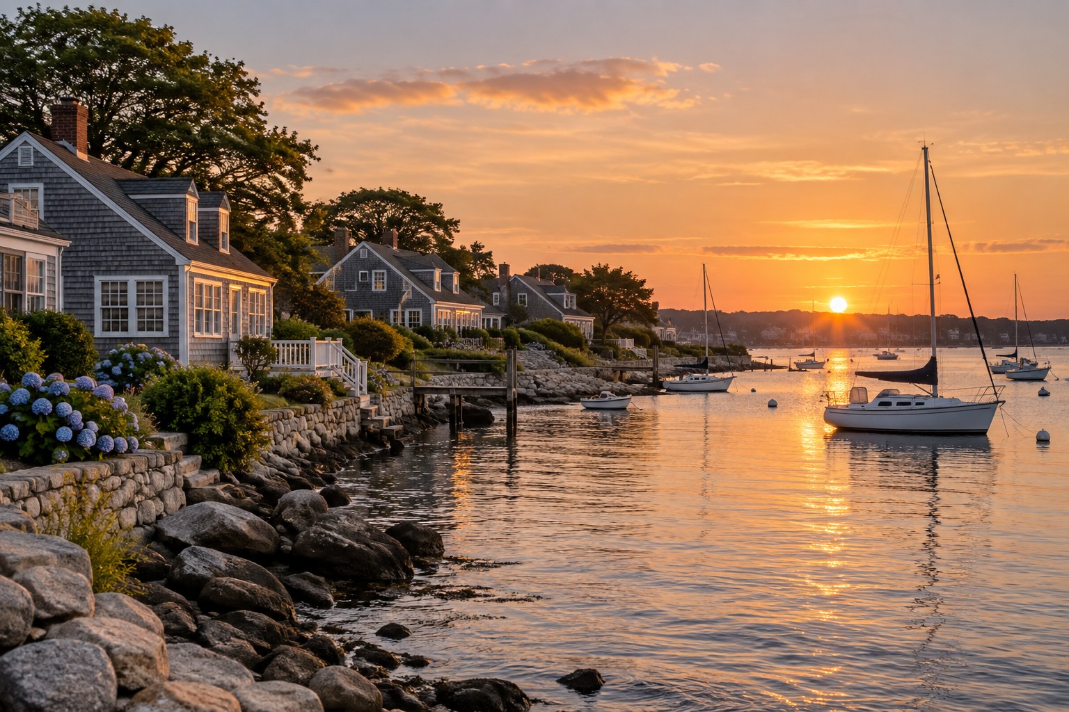 Shingled Cape Cod homes along a quiet harbor at sunset, illustrative