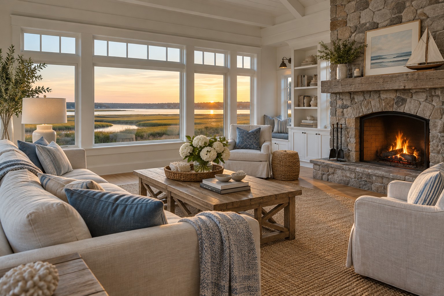 A bright Cape Cod living room interior with marsh view, illustrative